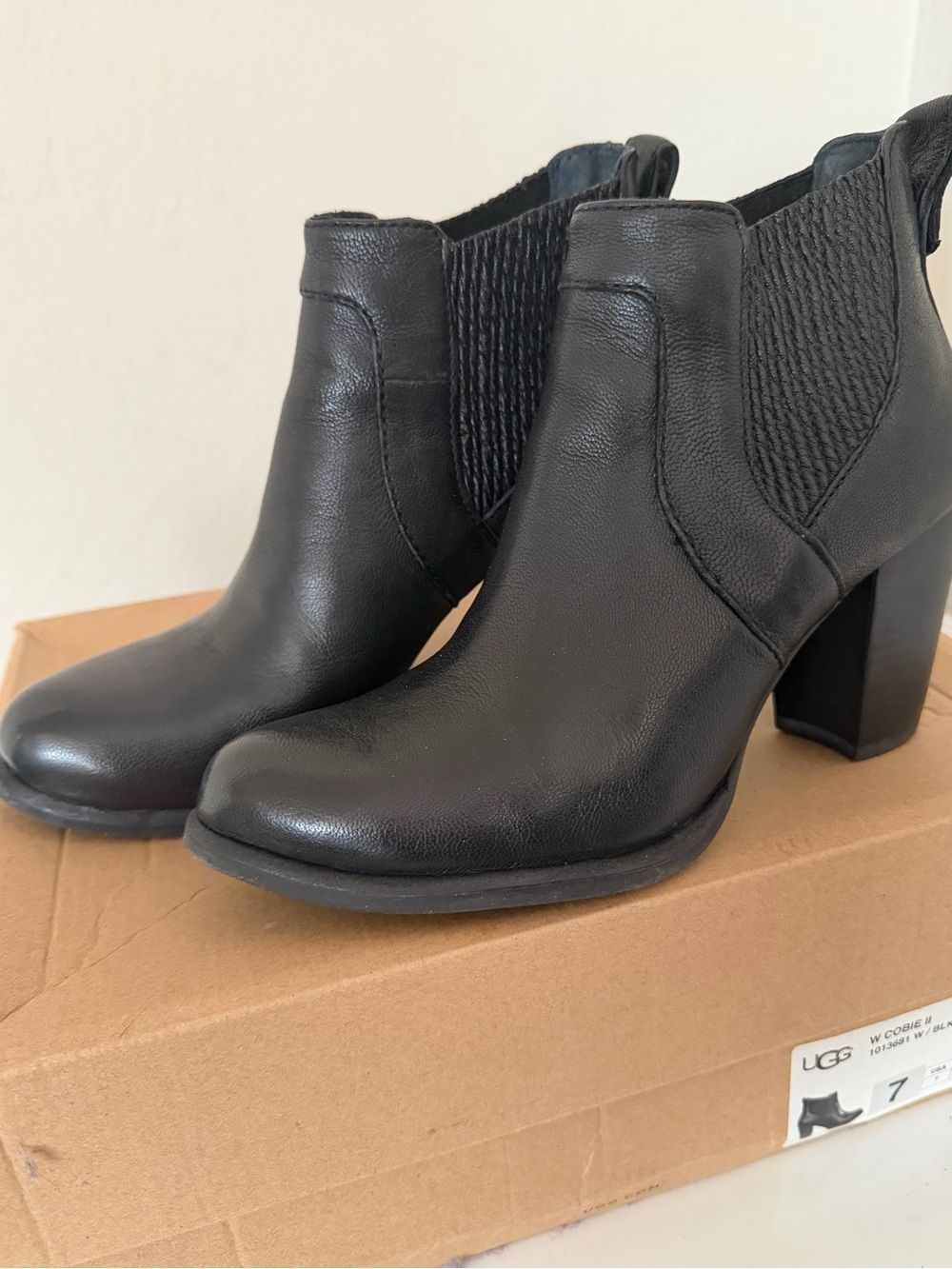 UGG Black Leather Ankle Booties with Block Heel